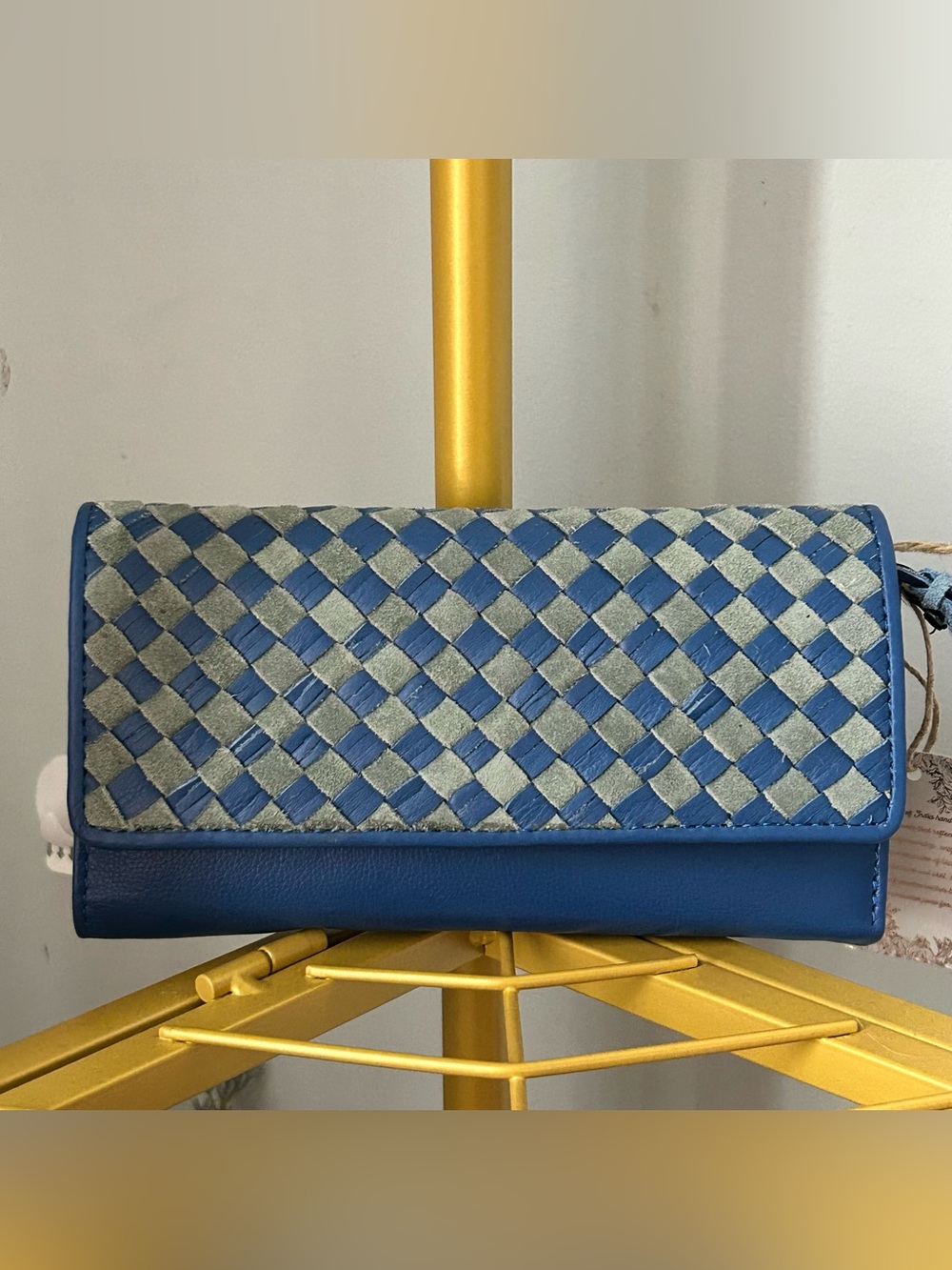 Hand Crafted artisans leather Blue Woven trifold Clutch Wallet NEW